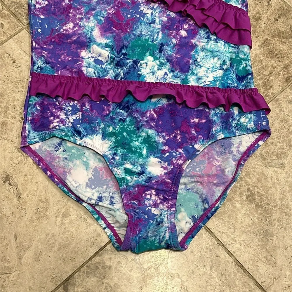 The Children’s Place Purple Ruffle Tie Dye One Piece Halter Swimsuit NEW Large